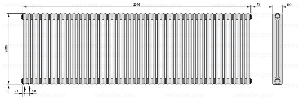 Схема (чертеж) Радиатор Zehnder Charleston 3280/51 №3370 Белый глянцевый RAL 9016